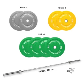 1441 Fitness Premium Color Rubber Bumper Plates Set - 100 Kg / 7 Ft Barbell