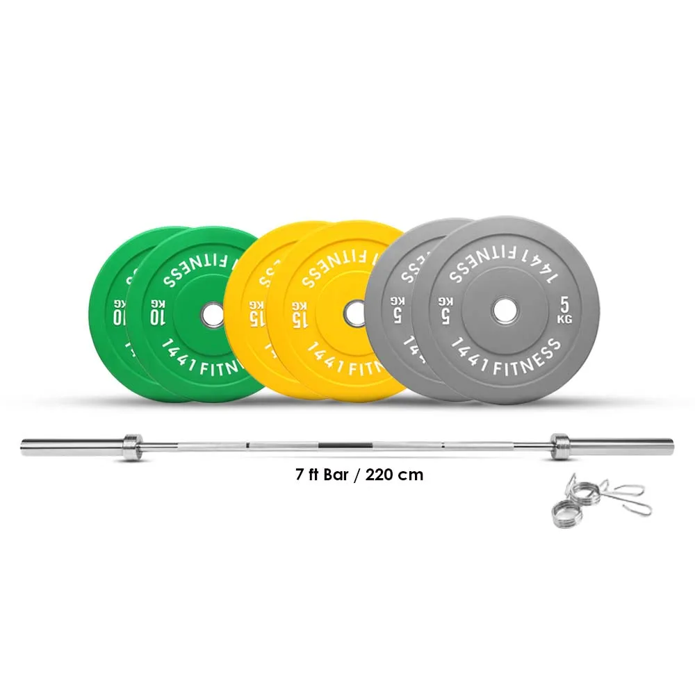 1441 Fitness Premium Color Rubber Bumper Plates Set - 80 Kg / 7 Ft Barbell