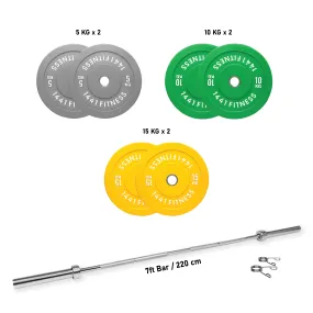 1441 Fitness Premium Color Rubber Bumper Plates Set - 80 Kg / 7 Ft Barbell