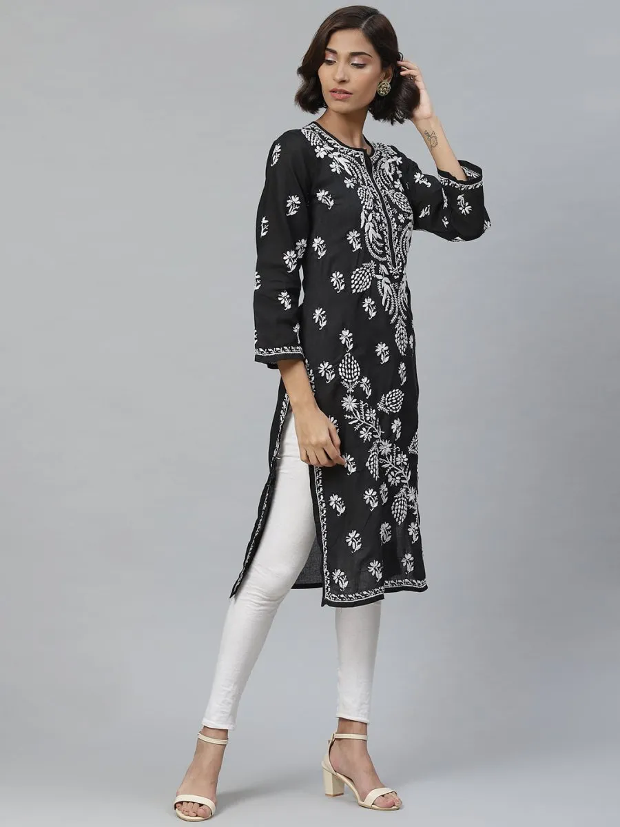 ADA Women Black & White Chikankari Embroidered Straight Sustainable Handloom Kurta