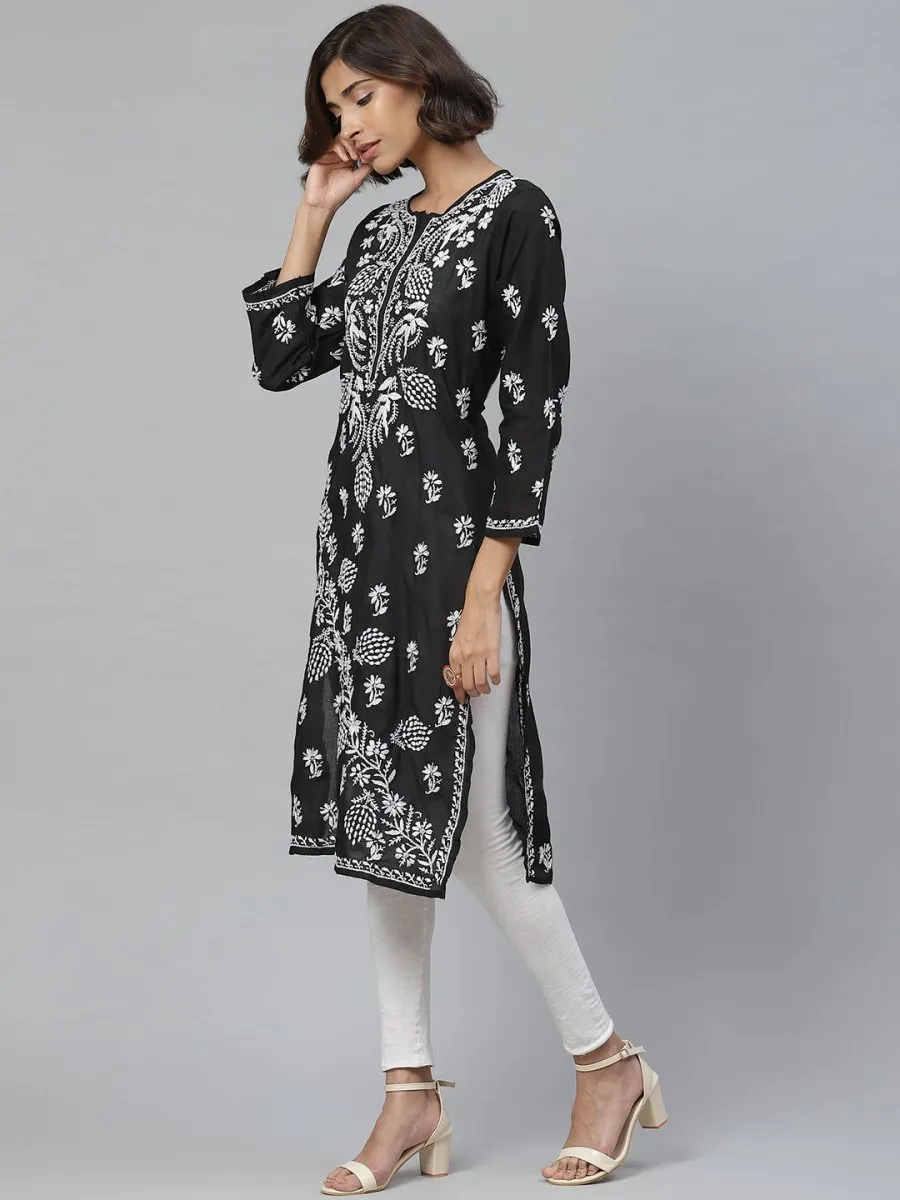 ADA Women Black & White Chikankari Embroidered Straight Sustainable Handloom Kurta
