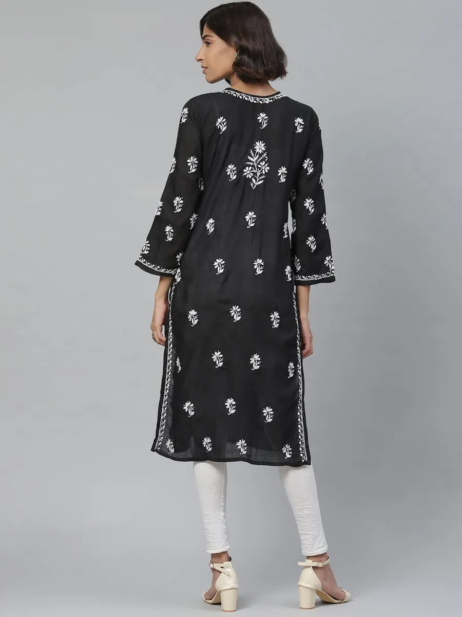 ADA Women Black & White Chikankari Embroidered Straight Sustainable Handloom Kurta