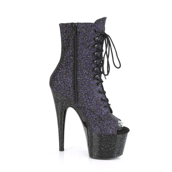 Adore 1021MG Lace Up Black Purple Glitter Platform Ankle Boot - 7" Heel