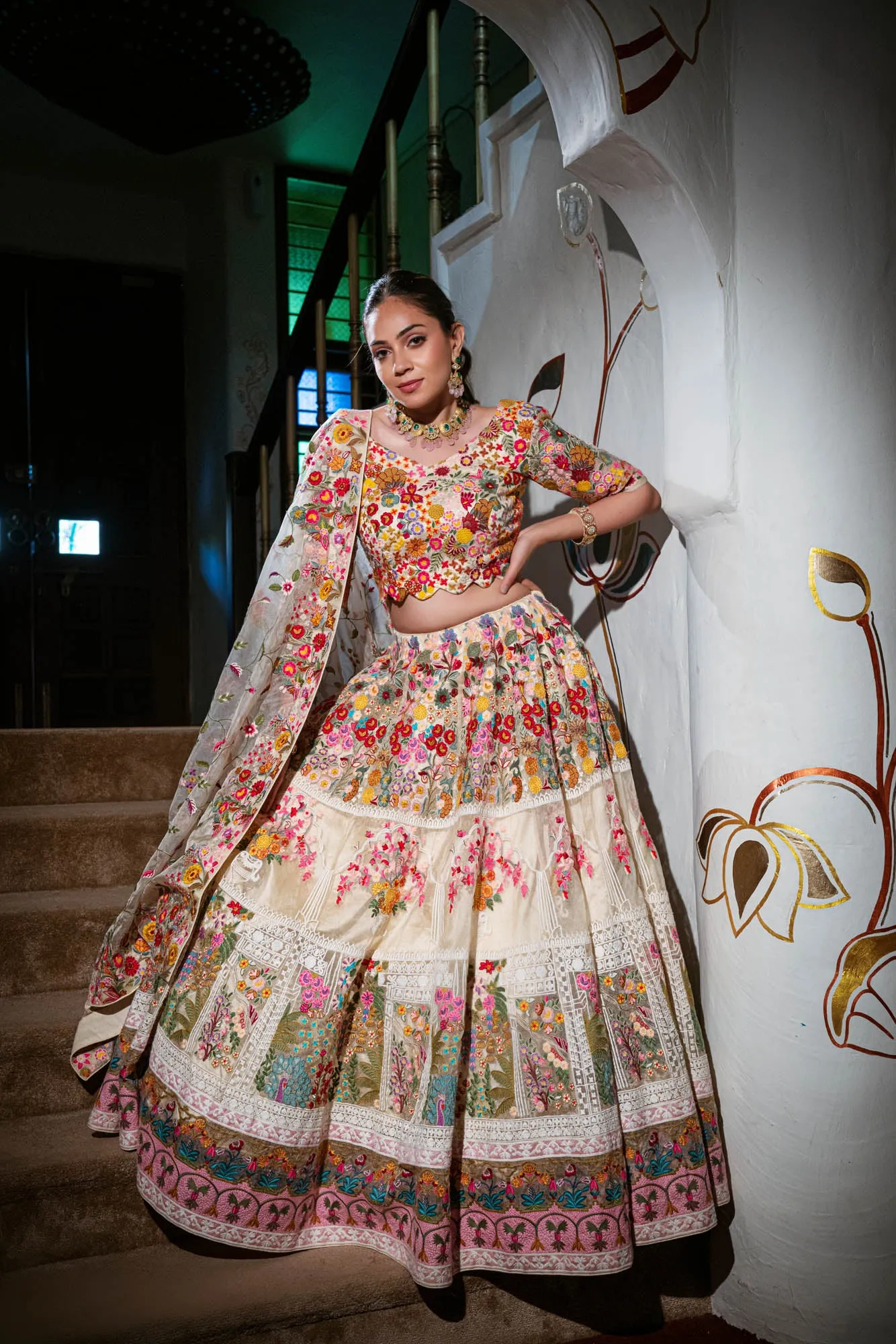 Beige Organza Lehenga With Multi Coloured Thread Work