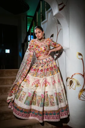 Beige Organza Lehenga With Multi Coloured Thread Work