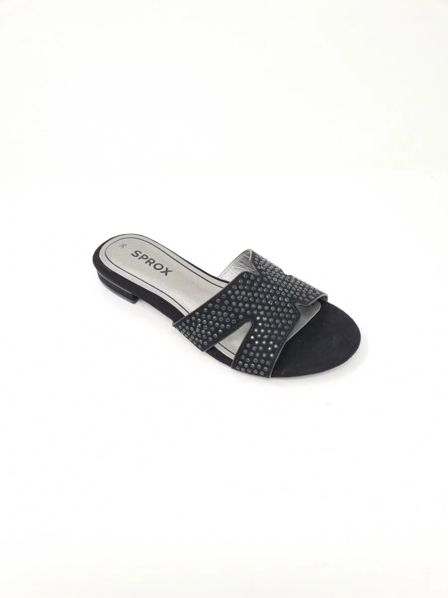 Black Diamante Slip On Sandals
