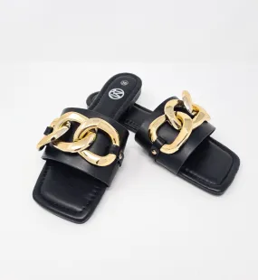 Black Gold Chunky Buckle Slip On Sandals
