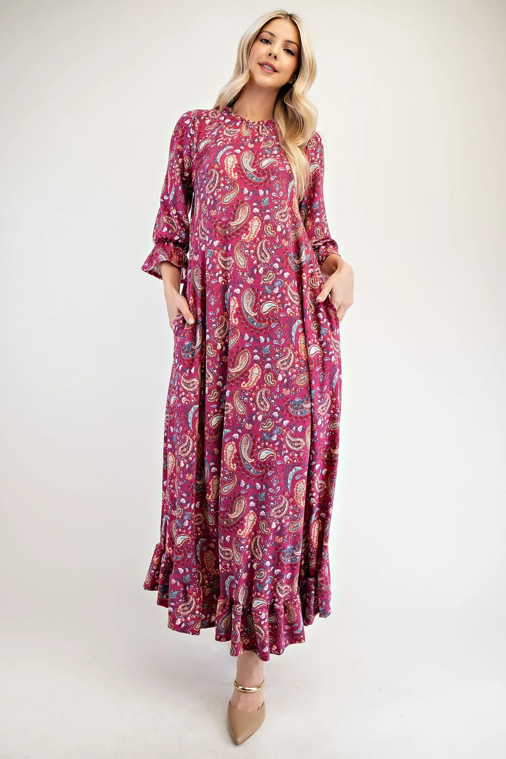 Full Size Ruffle Hem Paisley Round Neck Dress
