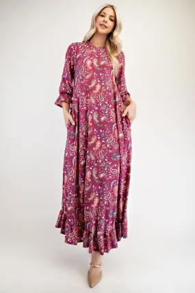 Full Size Ruffle Hem Paisley Round Neck Dress