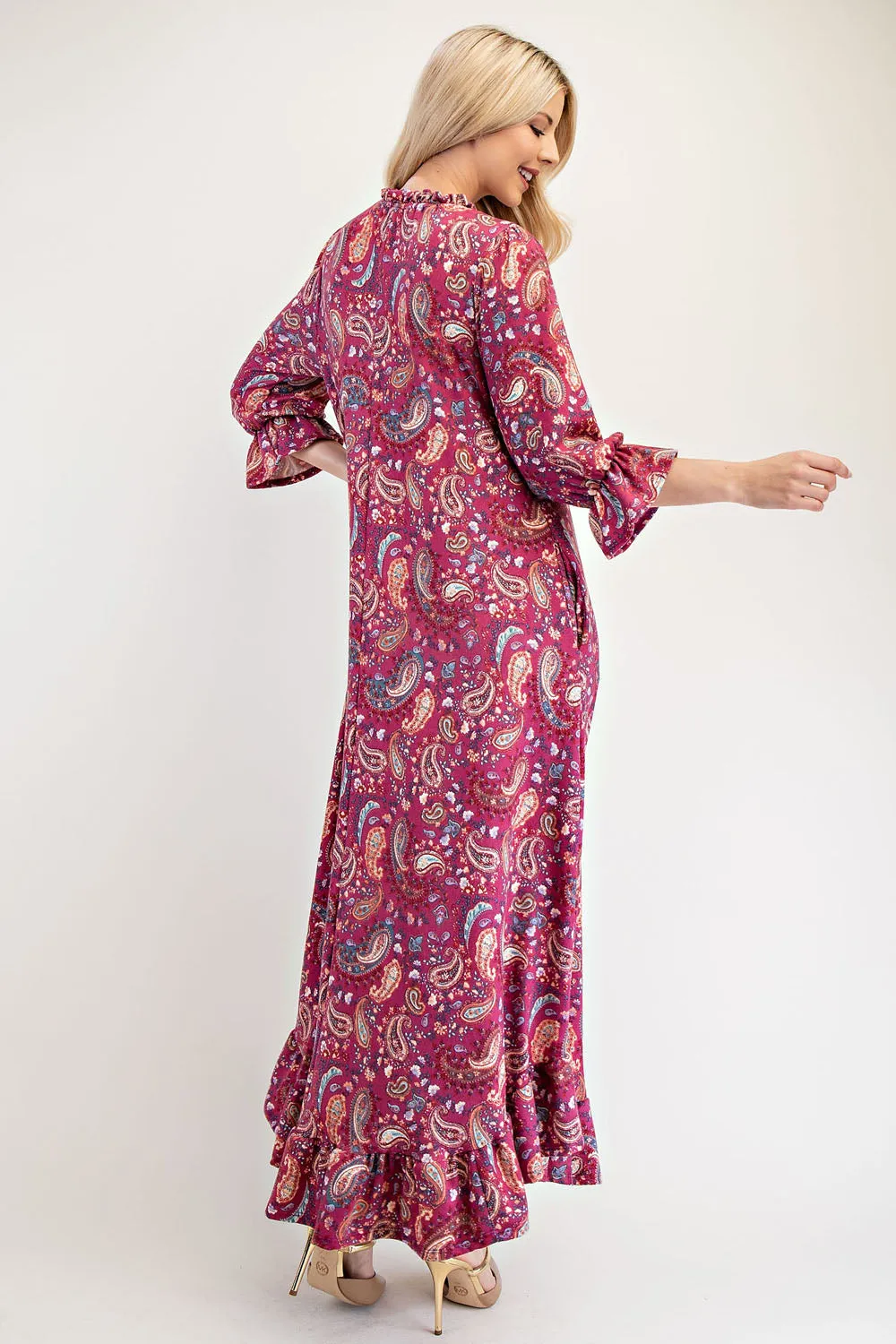 Full Size Ruffle Hem Paisley Round Neck Dress