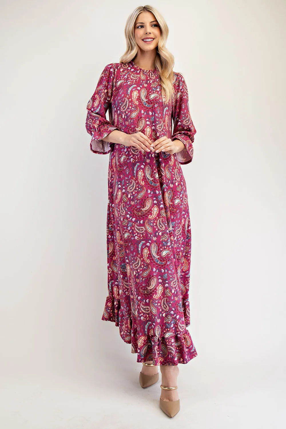 Full Size Ruffle Hem Paisley Round Neck Dress