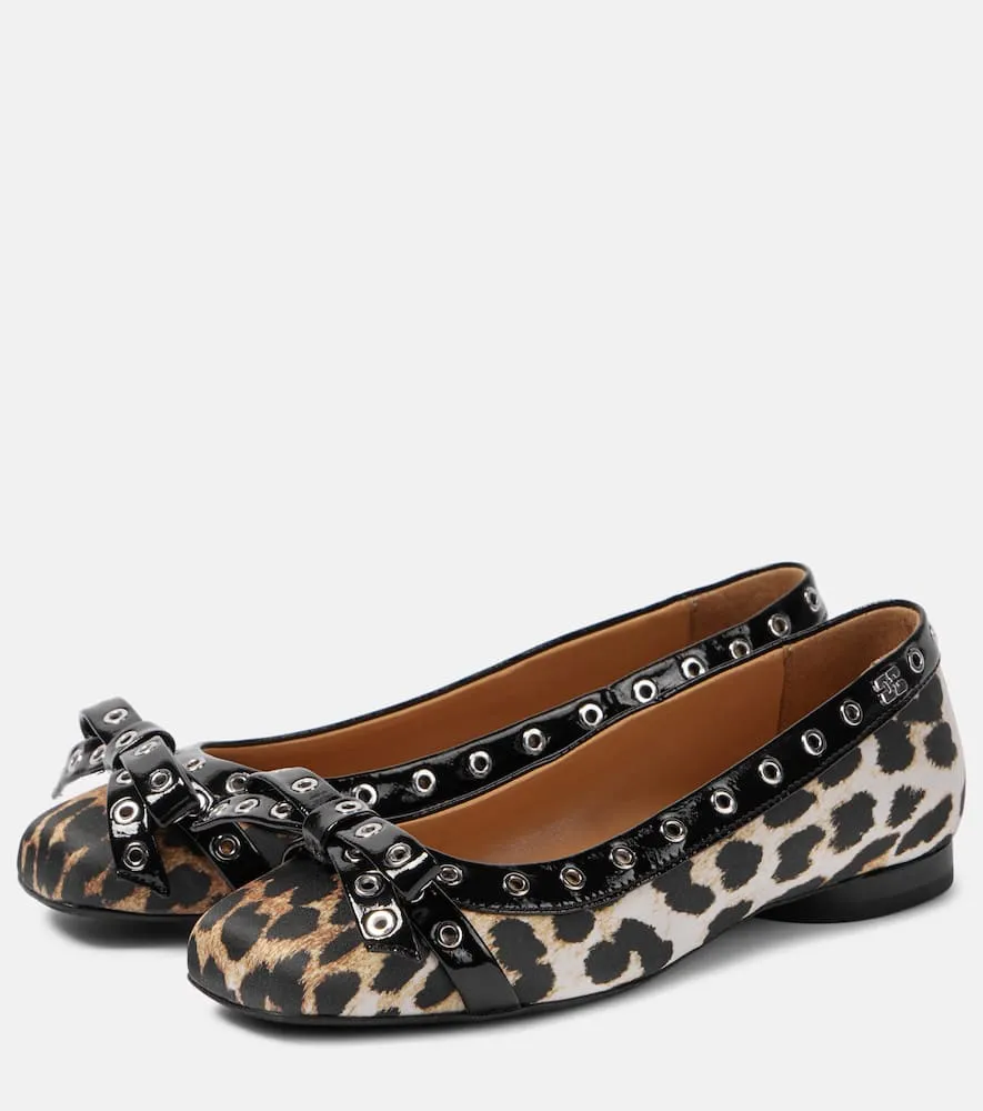 Ganni Eyelet Bow leopard-print satin ballet flats