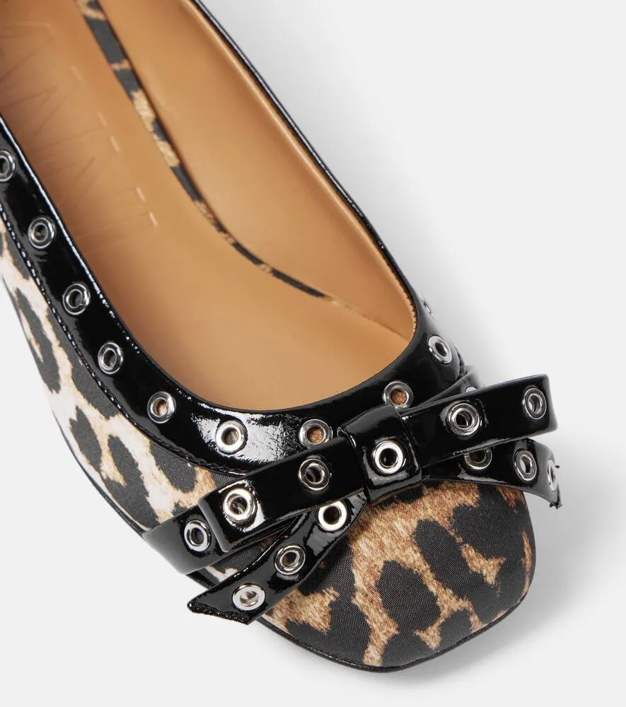 Ganni Eyelet Bow leopard-print satin ballet flats