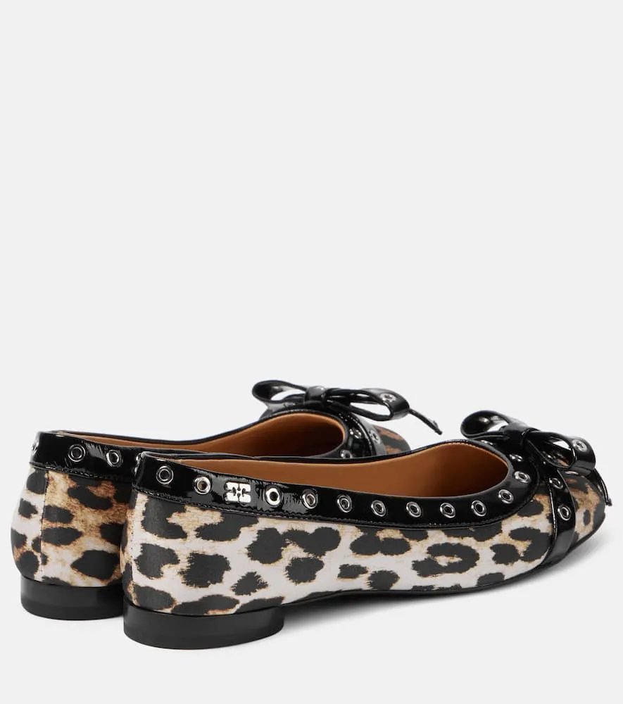 Ganni Eyelet Bow leopard-print satin ballet flats