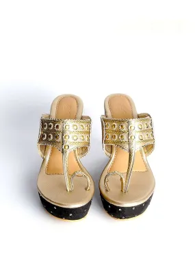 Gold Kolhapuri Wedges With Black Embroidered Heel By Sole House