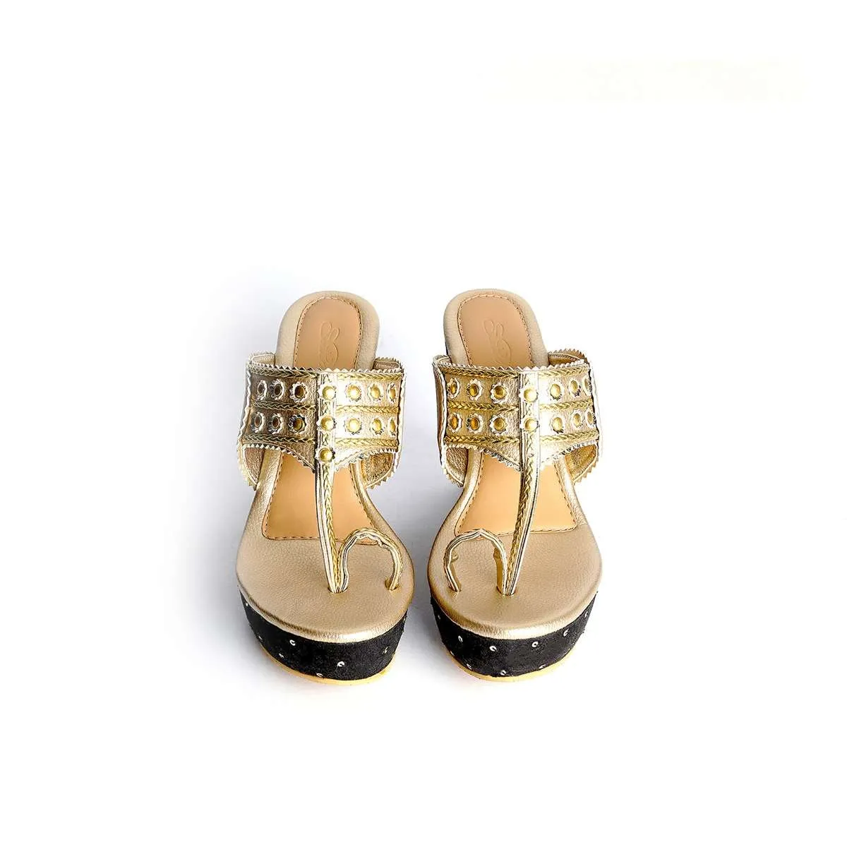 Gold Kolhapuri Wedges With Black Embroidered Heel By Sole House