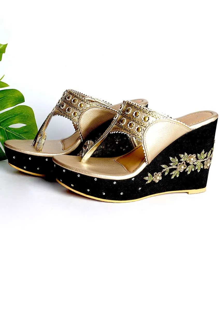 Gold Kolhapuri Wedges With Black Embroidered Heel By Sole House