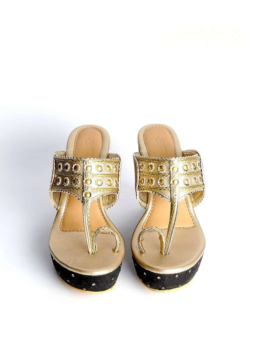 Gold Kolhapuri Wedges With Black Embroidered Heel By Sole House