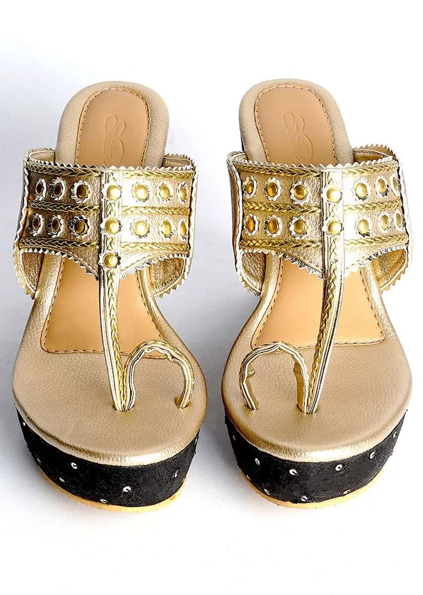 Gold Kolhapuri Wedges With Black Embroidered Heel By Sole House
