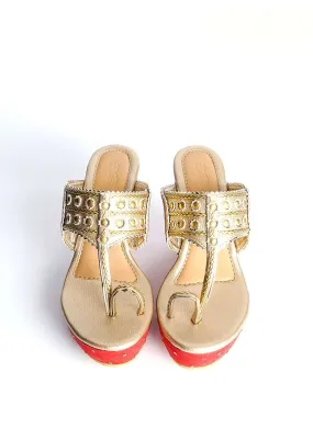 Gold Kolhapuri Wedges With Red Embroidered Heel By Sole House