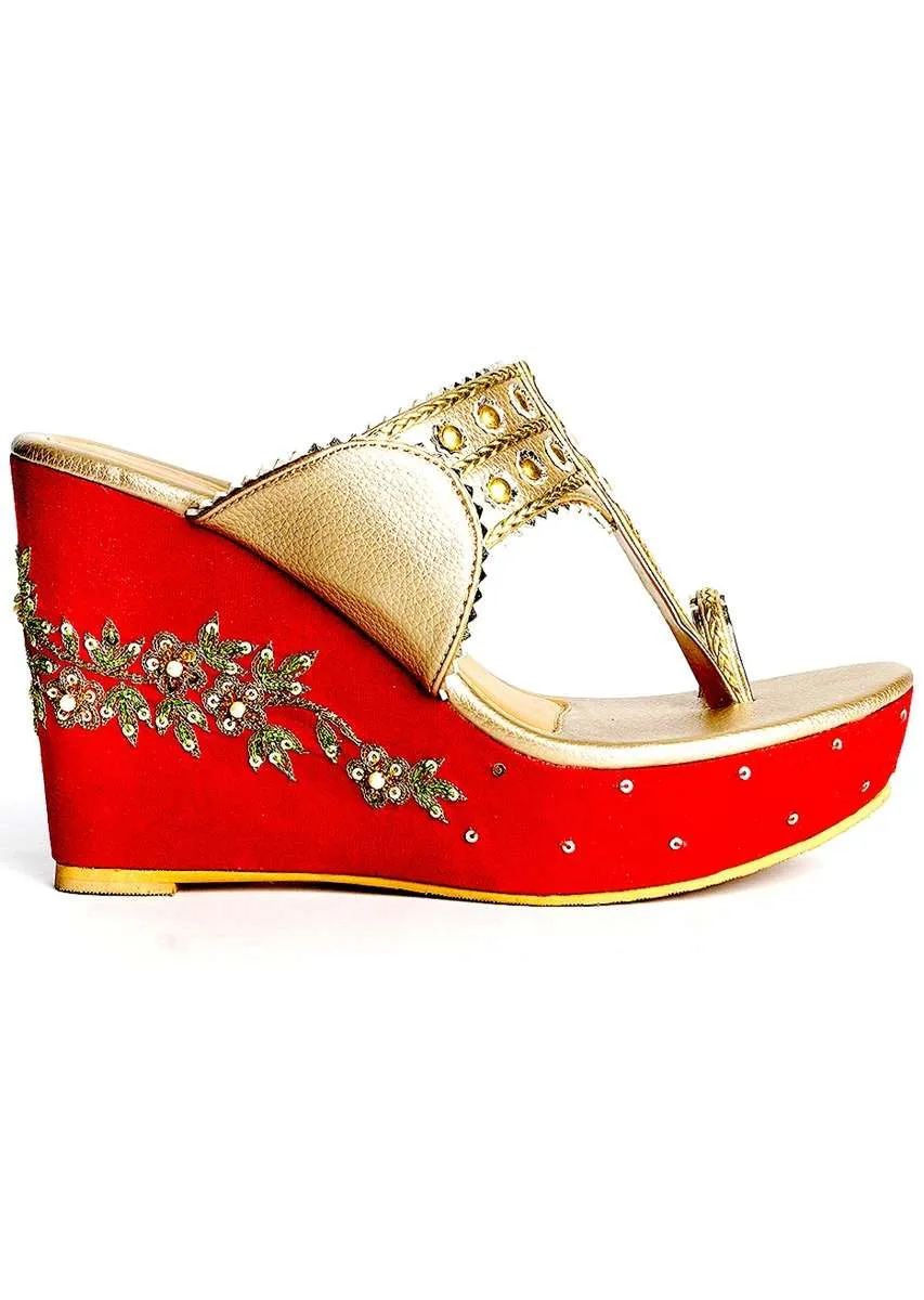 Gold Kolhapuri Wedges With Red Embroidered Heel By Sole House