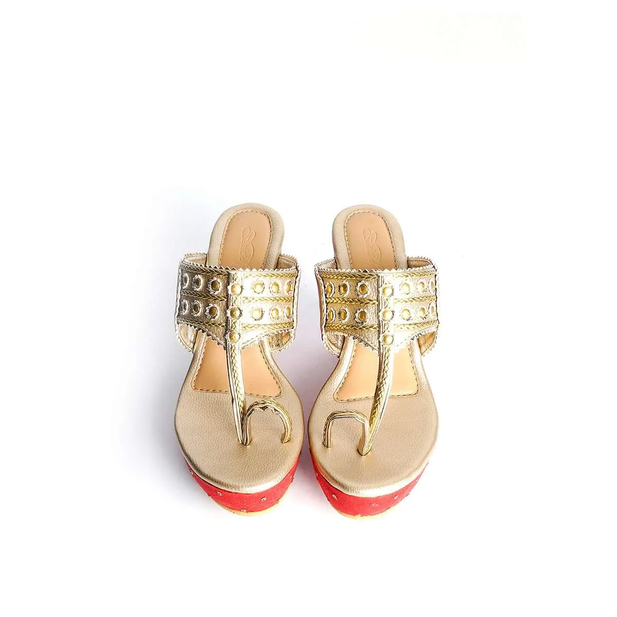 Gold Kolhapuri Wedges With Red Embroidered Heel By Sole House