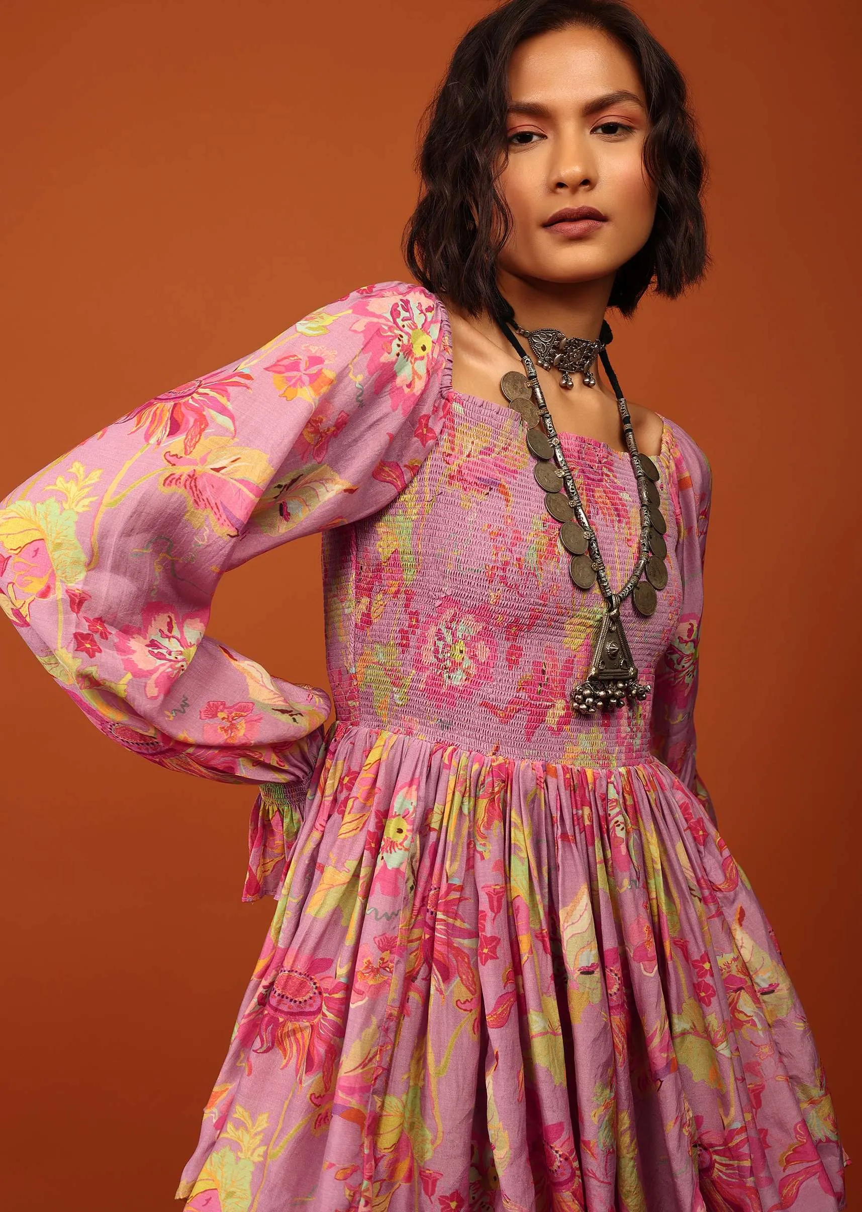 Lavender Purple Print Top And Palazzo In Crepe With Off-shoulder Neckline & Smocking Bodice