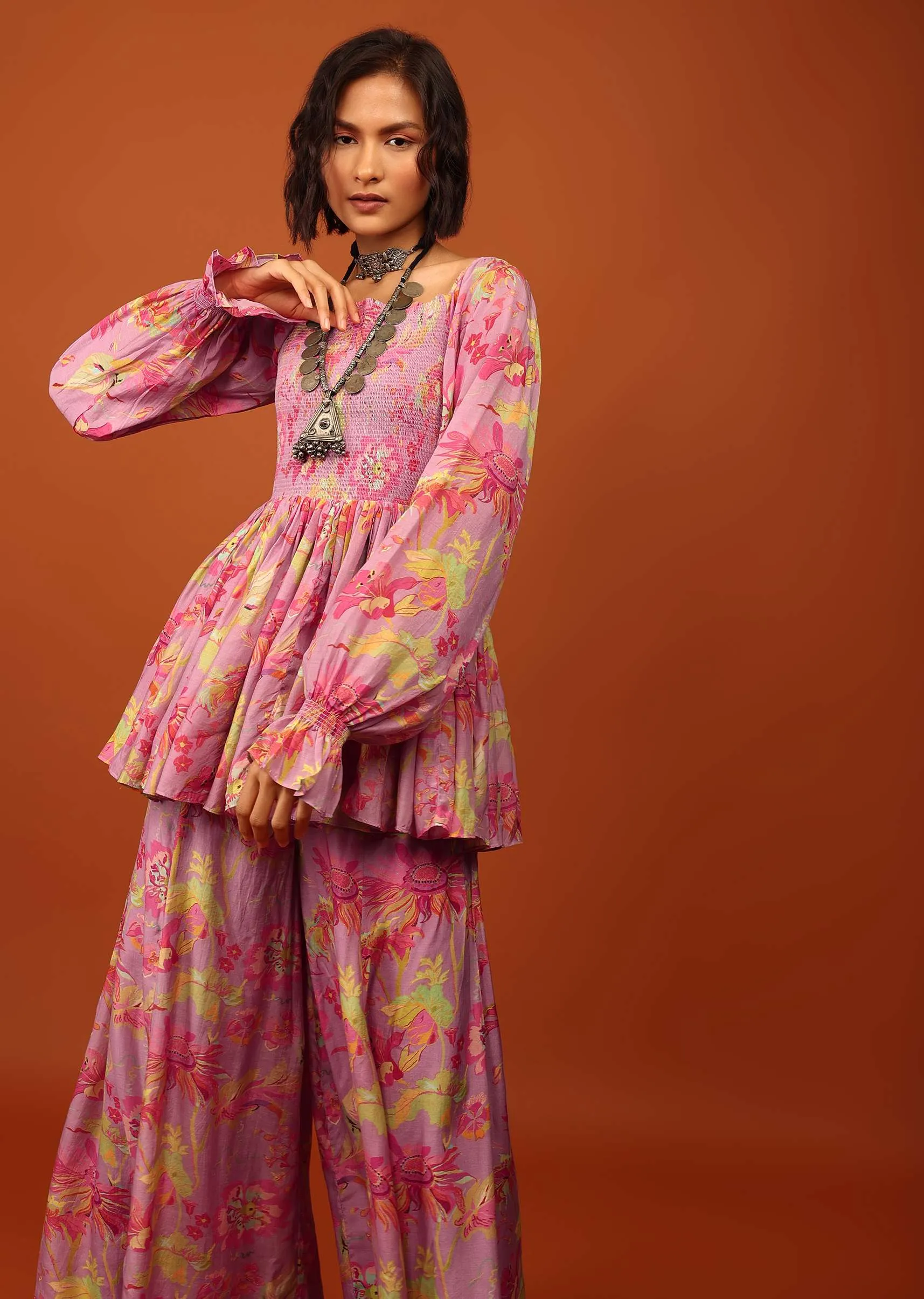 Lavender Purple Print Top And Palazzo In Crepe With Off-shoulder Neckline & Smocking Bodice
