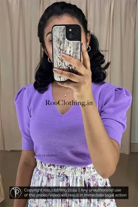 Lavender Shade V Neck Top With Puff Sleeves (Top Only)