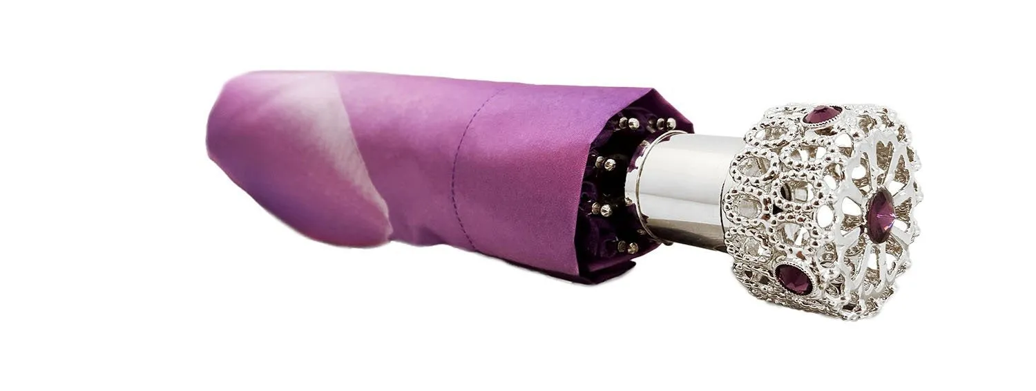 Lilac Flower Ladies Folding Umbrella with Silver-Plated Handle