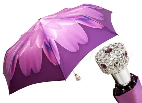 Lilac Flower Ladies Folding Umbrella with Silver-Plated Handle