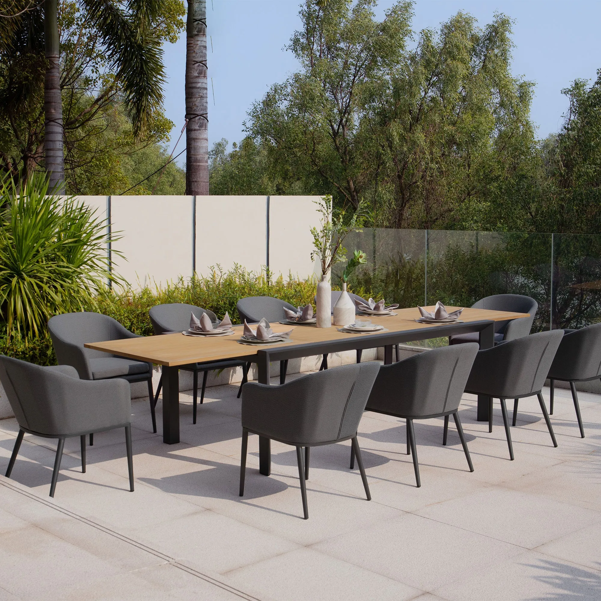 Luna 10 Seat Outdoor Fabric Extending Teak Dining Set in Grey