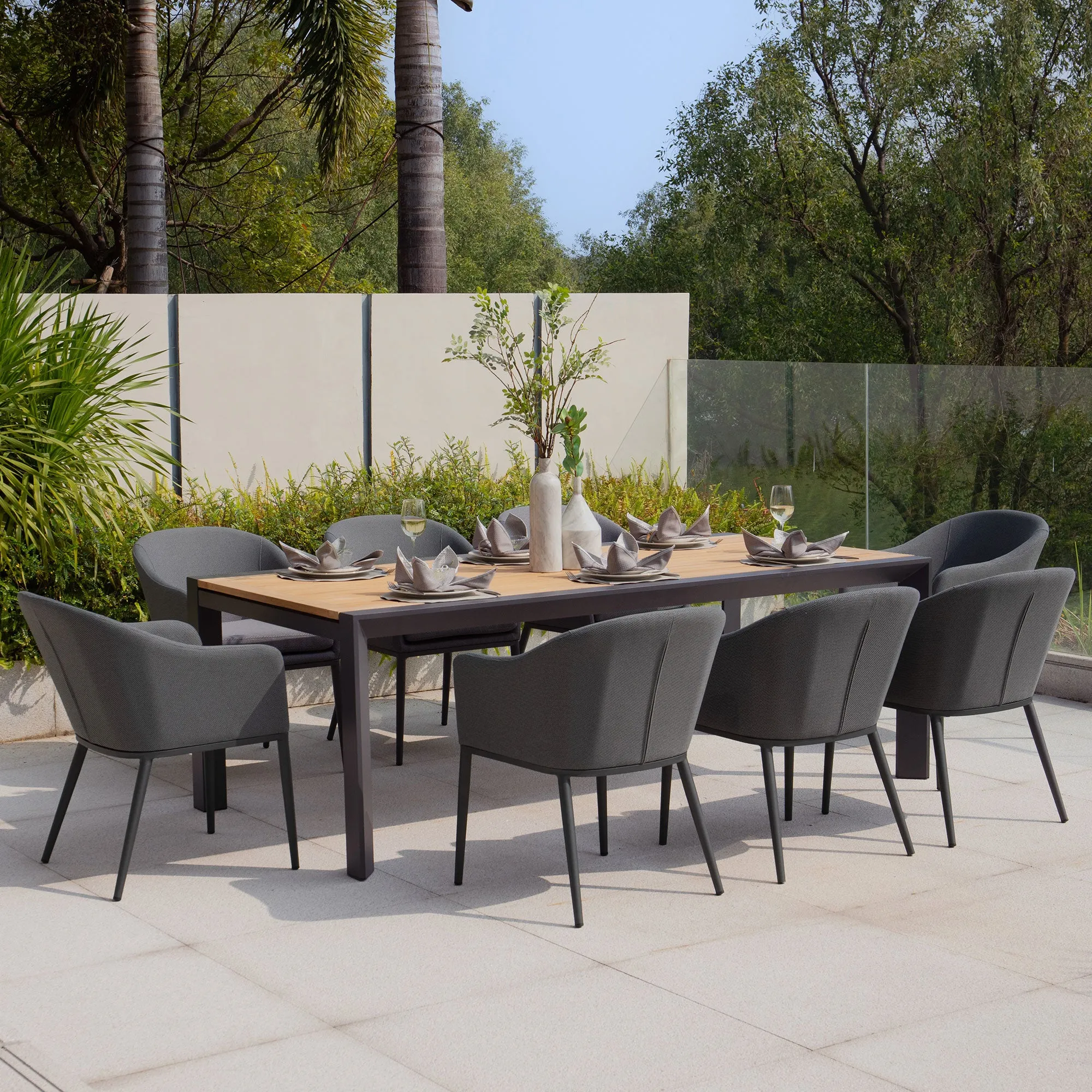 Luna 10 Seat Outdoor Fabric Extending Teak Dining Set in Grey