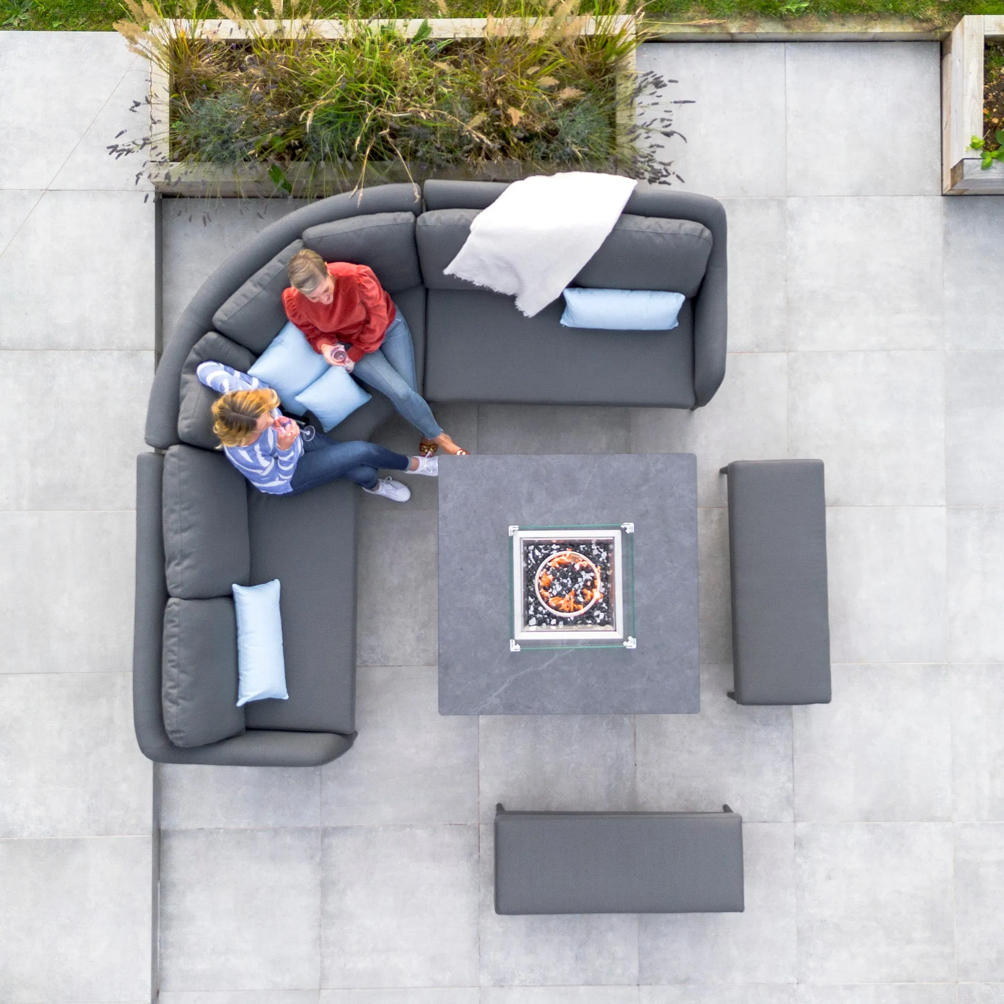 Luna Deluxe Outdoor Fabric Square Corner Dining Set with Rising Firepit Table in Grey