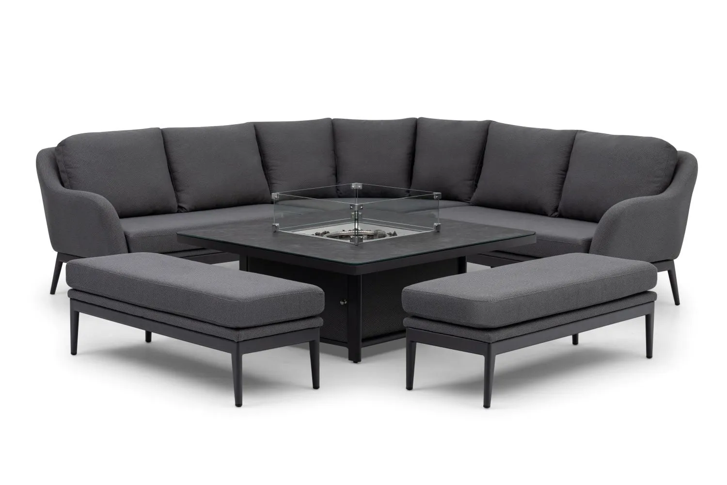 Luna Deluxe Outdoor Fabric Square Corner Dining Set with Rising Firepit Table in Grey