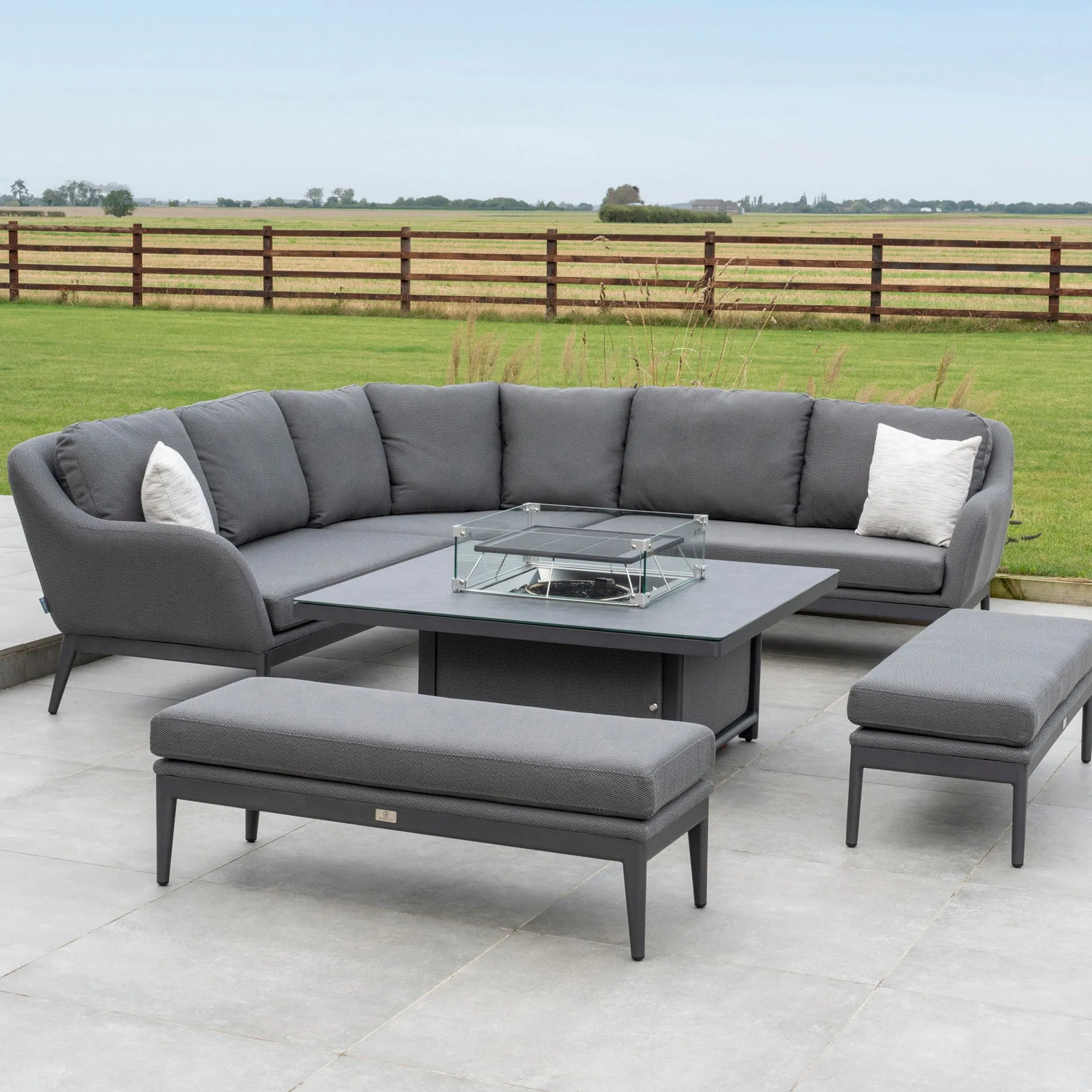 Luna Deluxe Outdoor Fabric Square Corner Dining Set with Rising Firepit Table in Grey
