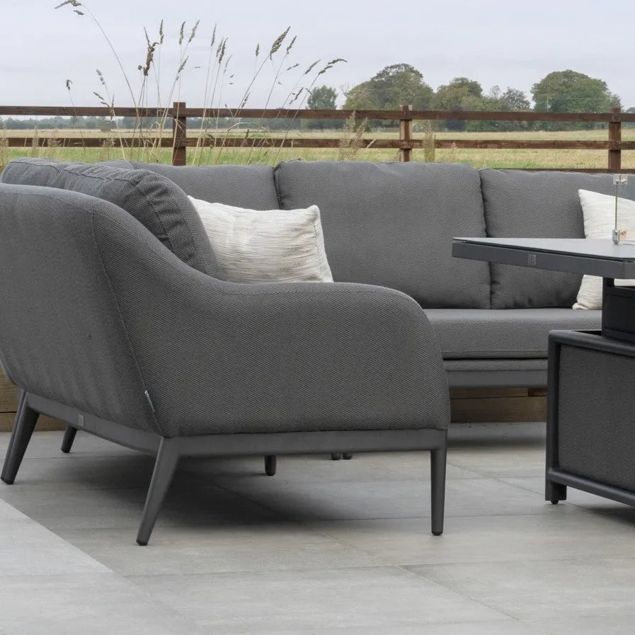 Luna Deluxe Outdoor Fabric Square Corner Dining Set with Rising Firepit Table in Grey