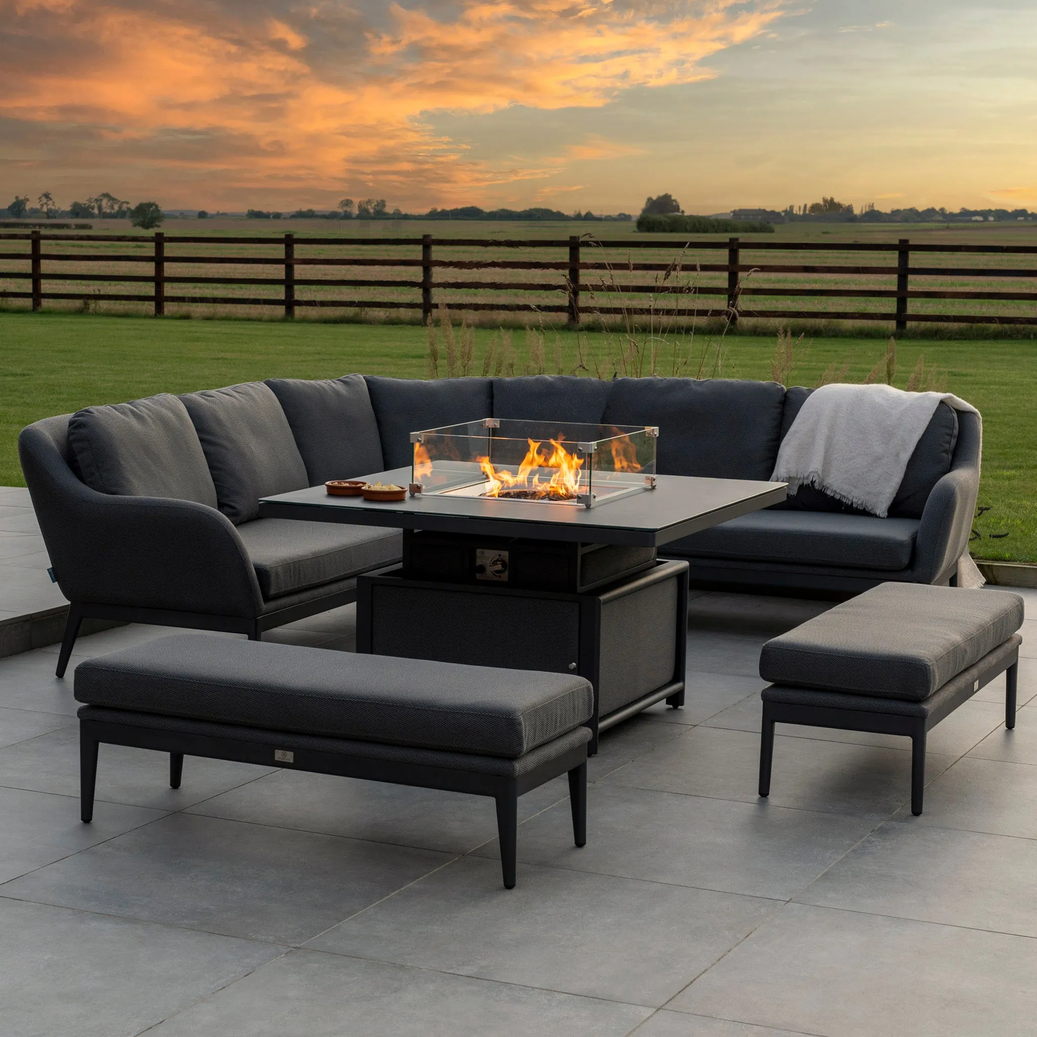 Luna Deluxe Outdoor Fabric Square Corner Dining Set with Rising Firepit Table in Grey