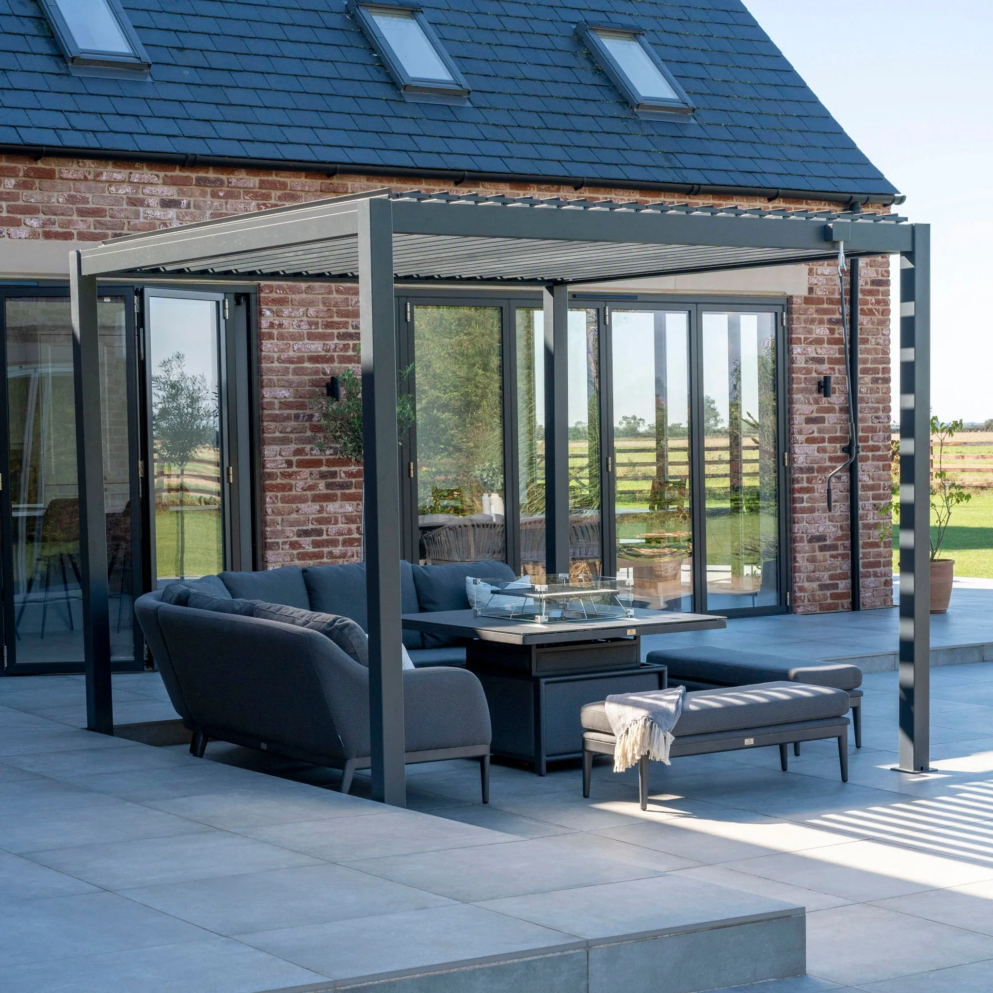Luna Deluxe Outdoor Fabric Square Corner Dining Set with Rising Firepit Table in Grey
