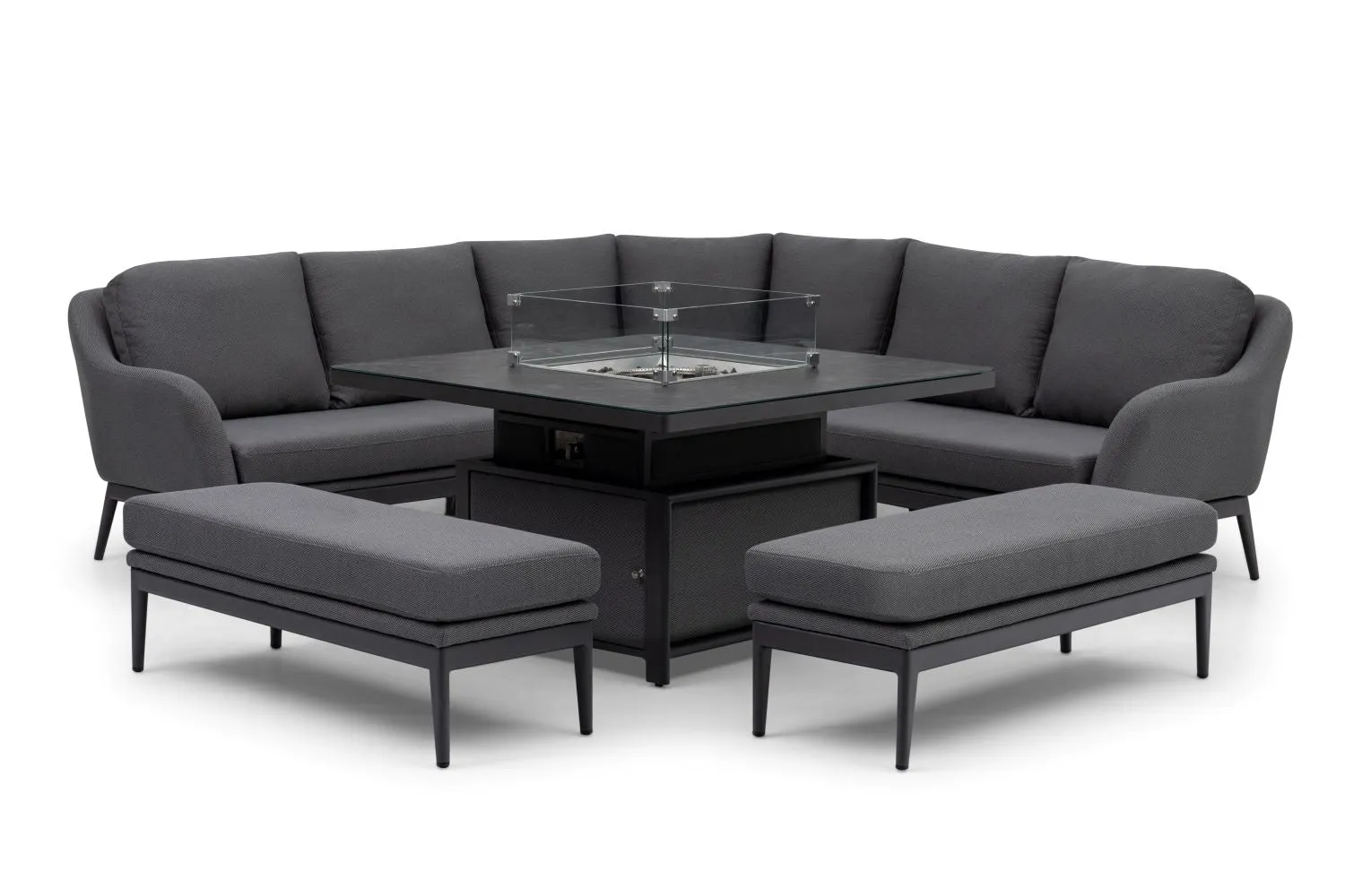 Luna Deluxe Outdoor Fabric Square Corner Dining Set with Rising Firepit Table in Grey