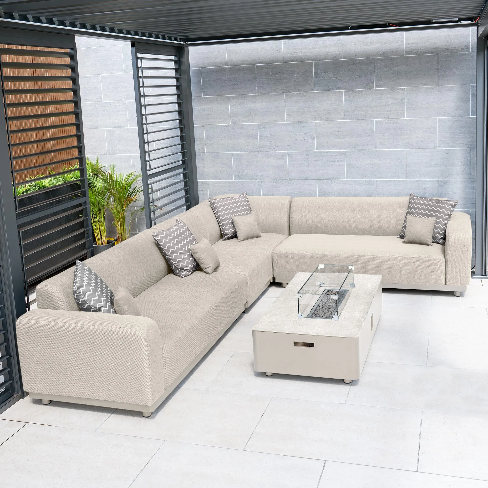 Luna Outdoor Fabric Corner Group Set with Firepit Coffee Table in Fawn