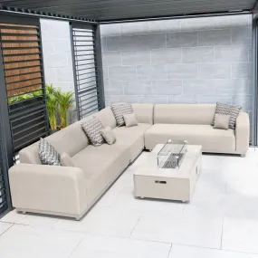 Luna Outdoor Fabric Corner Group Set with Firepit Coffee Table in Fawn