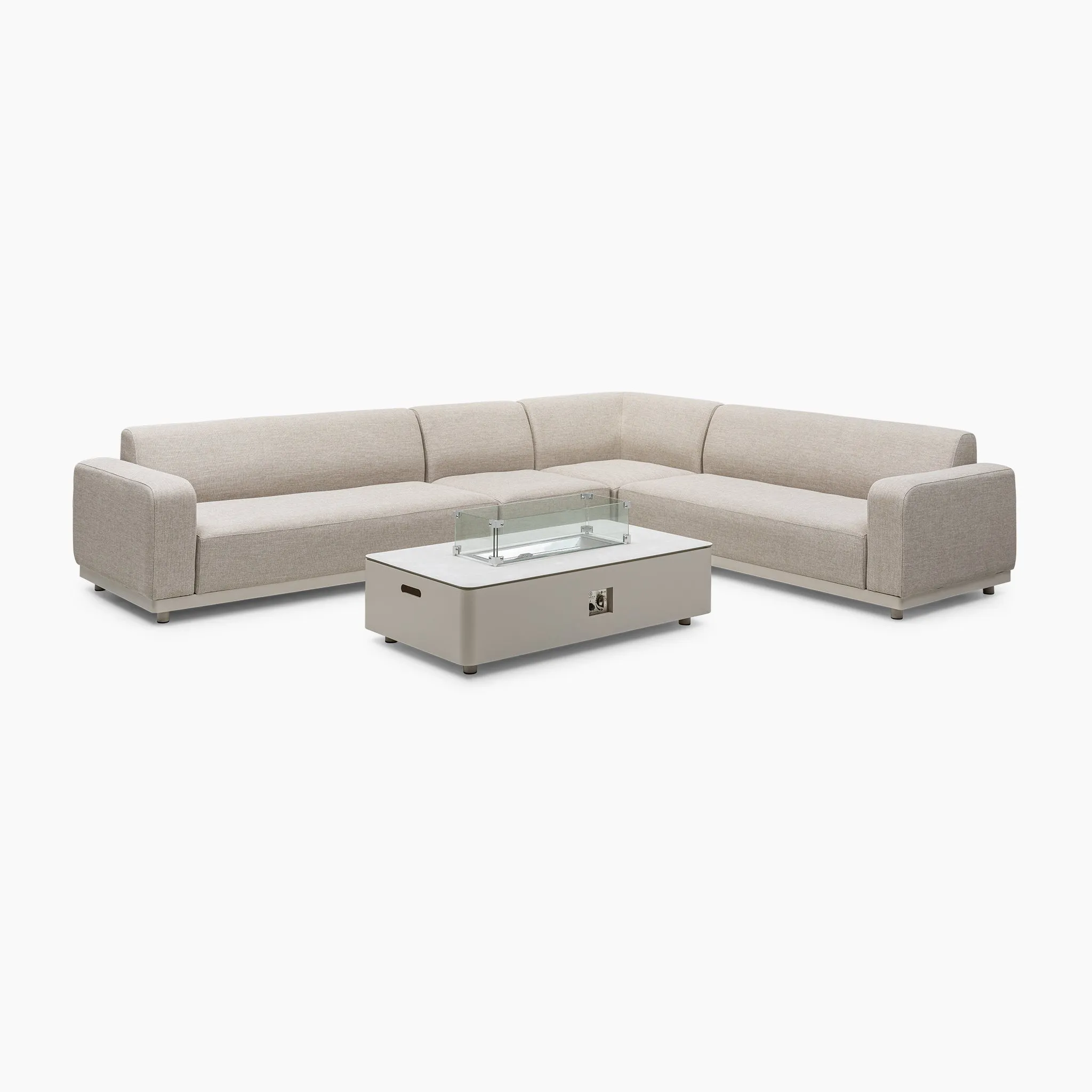 Luna Outdoor Fabric Corner Group Set with Firepit Coffee Table in Fawn
