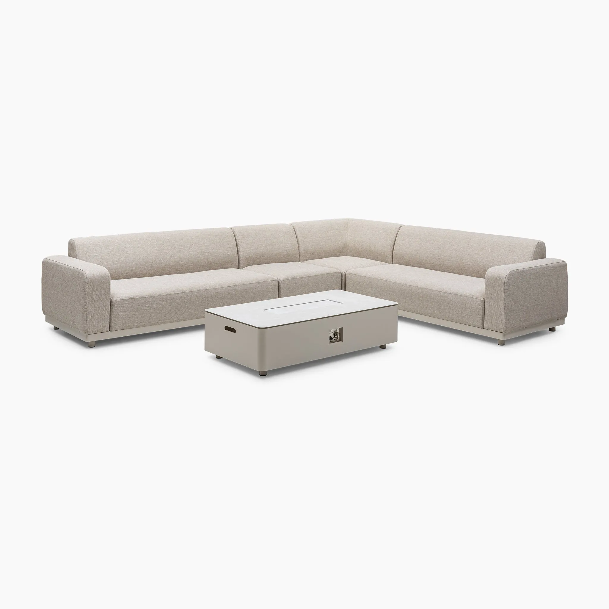 Luna Outdoor Fabric Corner Group Set with Firepit Coffee Table in Fawn