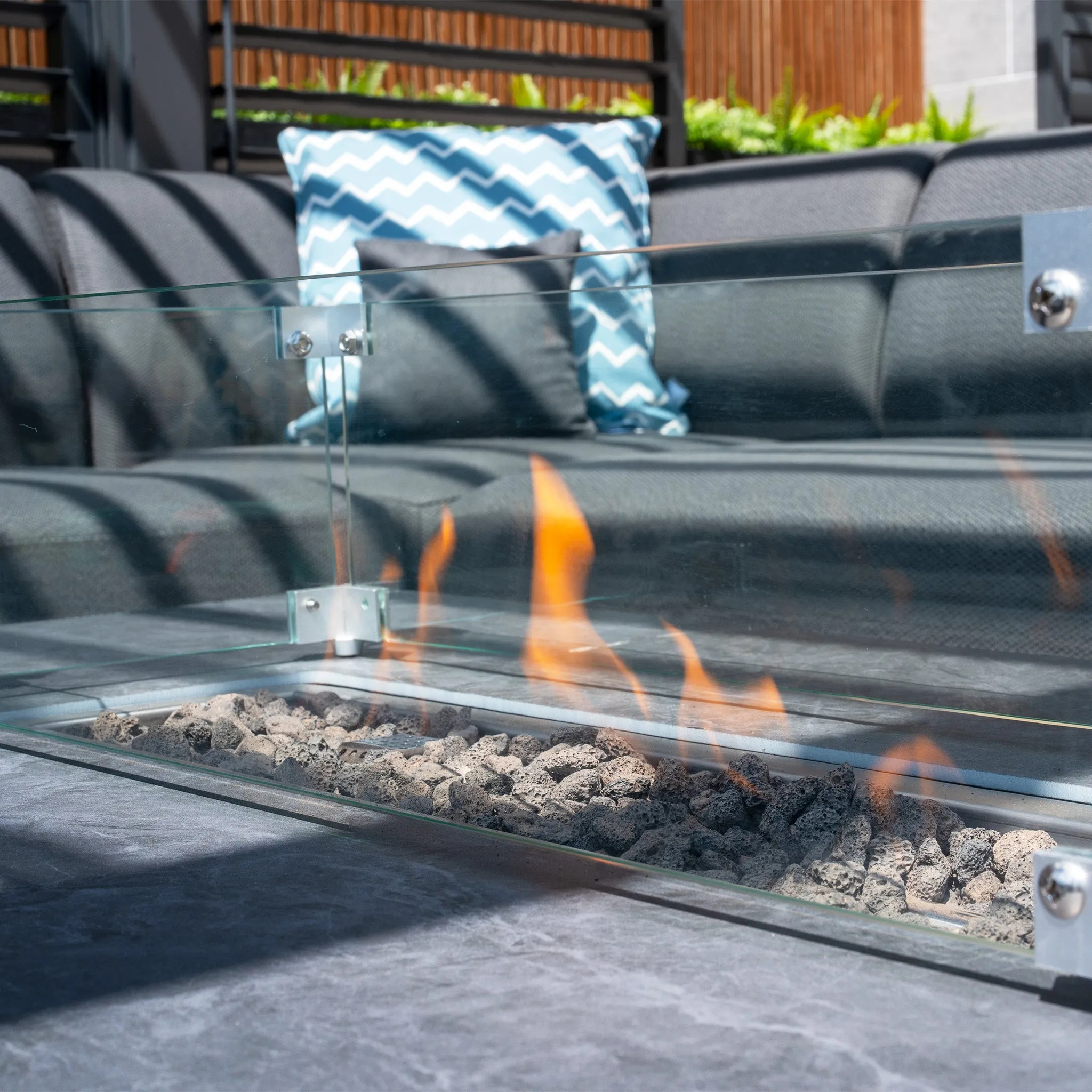 Luna Outdoor Fabric Corner Group Set with Firepit Coffee Table in Grey