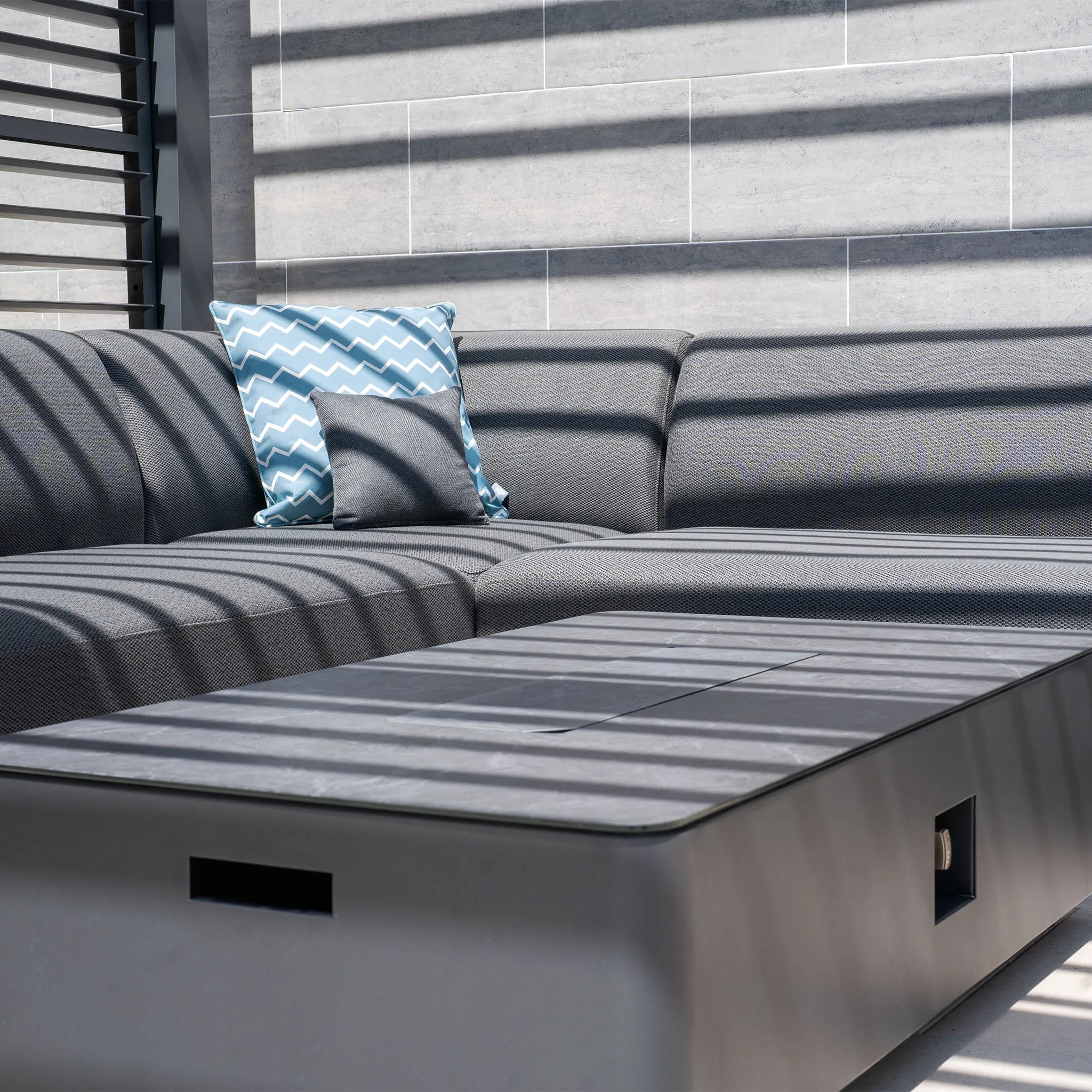 Luna Outdoor Fabric Corner Group Set with Firepit Coffee Table in Grey