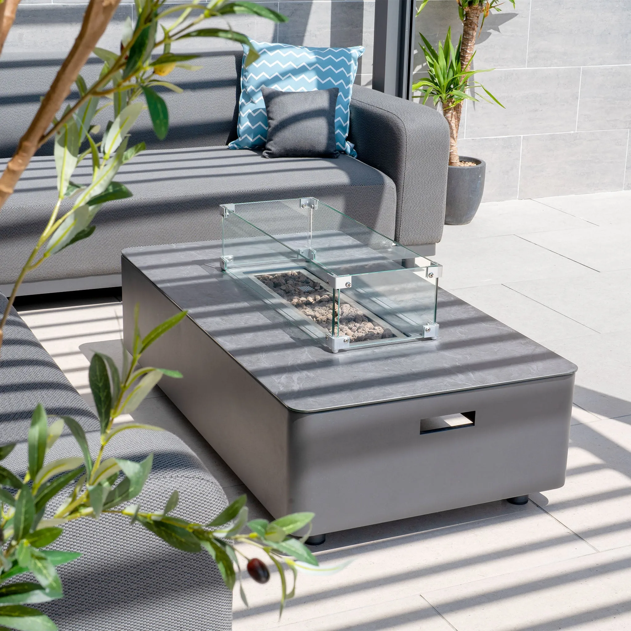 Luna Outdoor Fabric Corner Group Set with Firepit Coffee Table in Grey