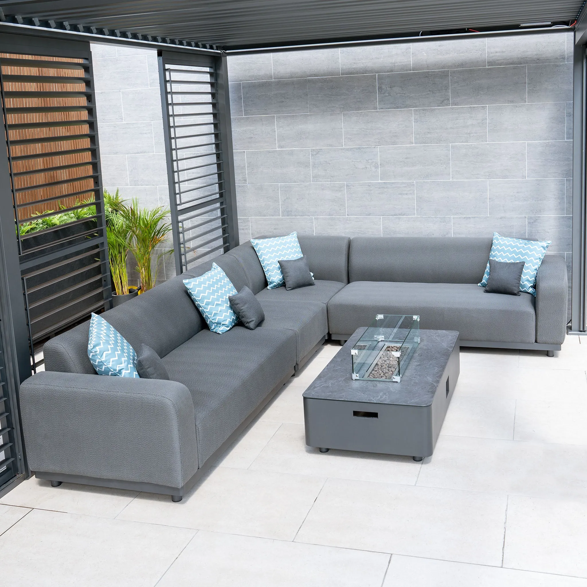 Luna Outdoor Fabric Corner Group Set with Firepit Coffee Table in Grey