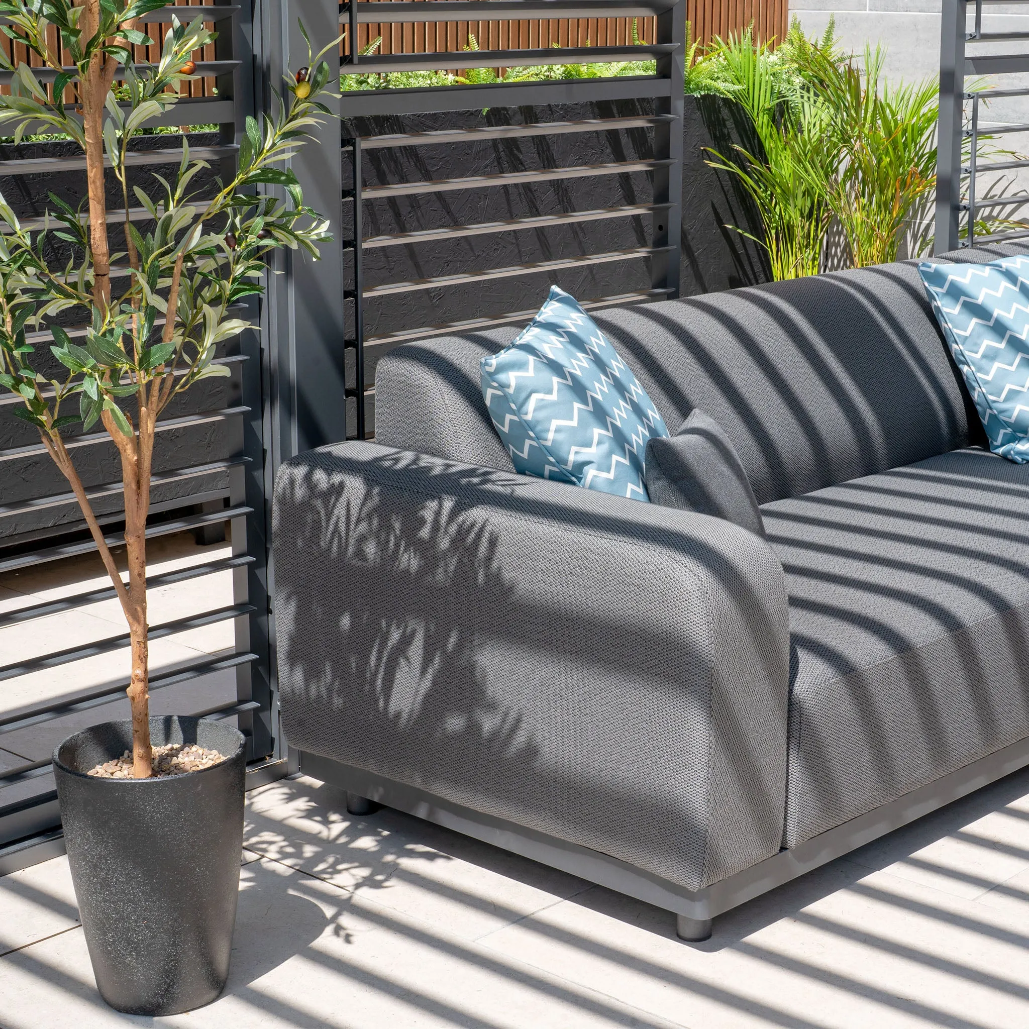 Luna Outdoor Fabric Corner Group Set with Firepit Coffee Table in Grey