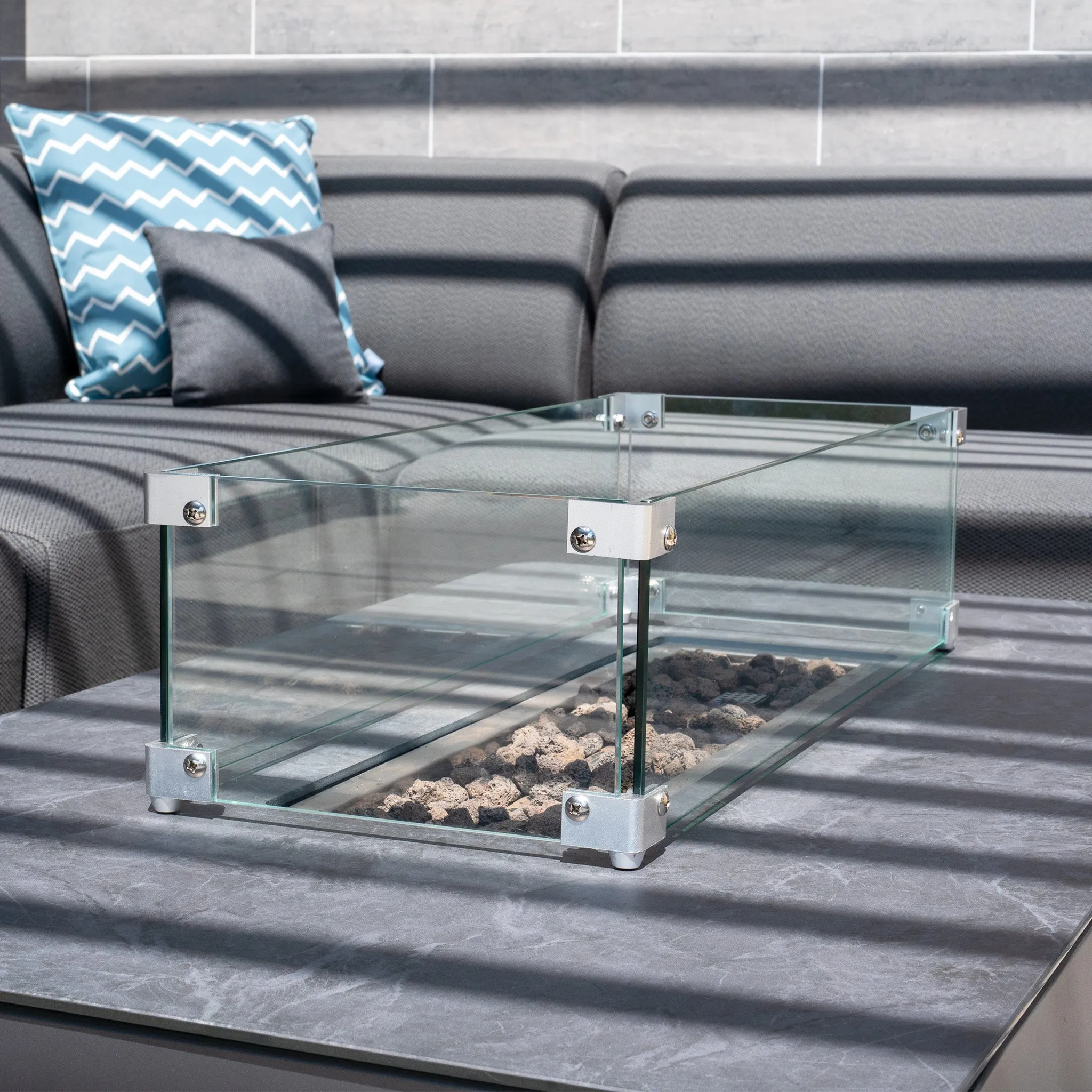 Luna Outdoor Fabric Corner Group Set with Firepit Coffee Table in Grey